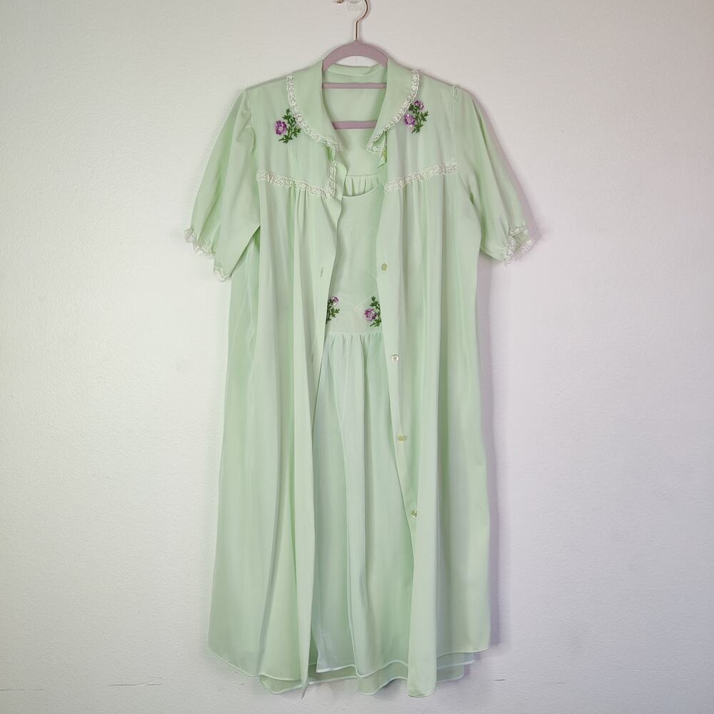 Vtg Green Floral Embroidered Ethereal Cottage Nightgown House Dress Set Large